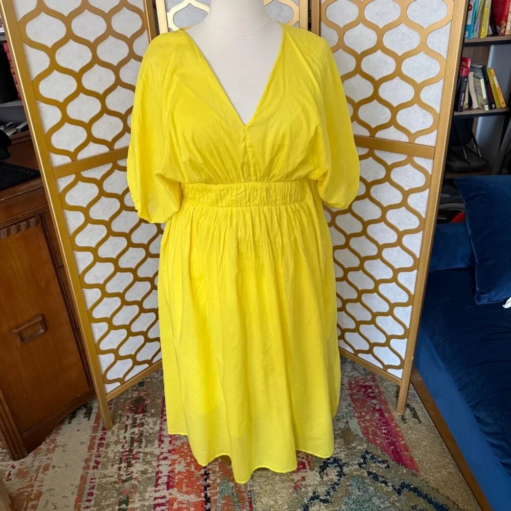 Banana Republic Size XL Yellow Lemon Candy Voile Elbow Sleeve V-Neck Midi Dress - Picture 7 of 16